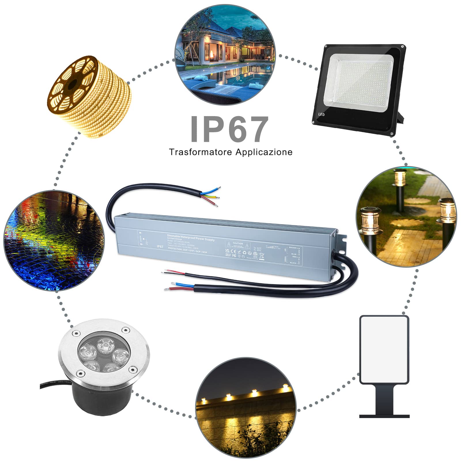 REYLAX Trasformatore LED da 220V a 24V 200W Dimmerabile Impermeabile IP67 TRIAC & 0-10V&1-10V & PWM Outdoor Alimentatore 8.3A Driver LED DC 24 Volt a Bassa Tensione Power Supply Tensione Costante