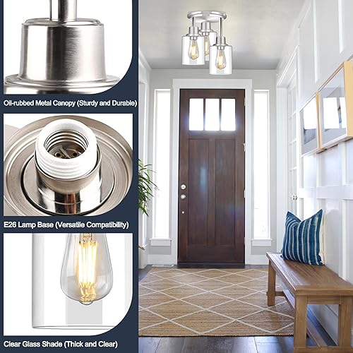 Miniatura 2 de ROTTOGOON Lámpara de techo semiempotrada, 3 lámparas de techo cerca del techo, accesorios de cocina con acabado de níquel cepillado con pantallas de