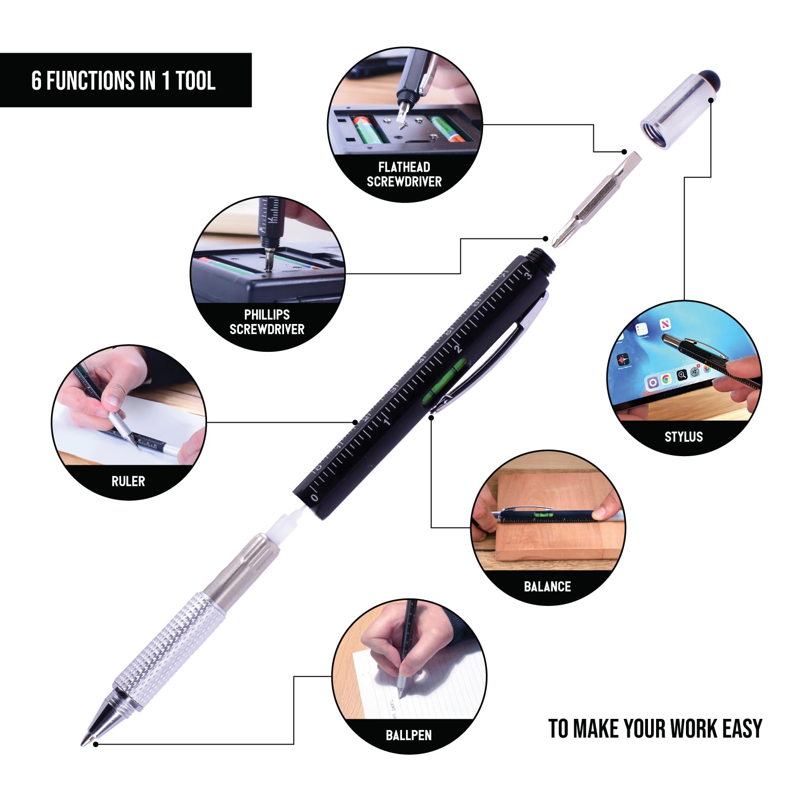 The Brisk Barrel 6-in-1 Multitool Pen Set of 2. Multi Pen Tools. Lightweight Cool Pens For Men And Dads. Measure, and Scribble with Style - Perfect Stocking Stuffers. Gift for Husband, Father