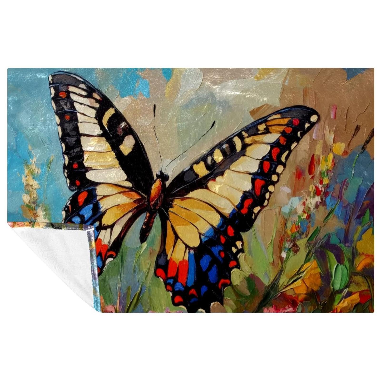 Couverture peinture à l'huile papillons et fleurs 150x100 cm