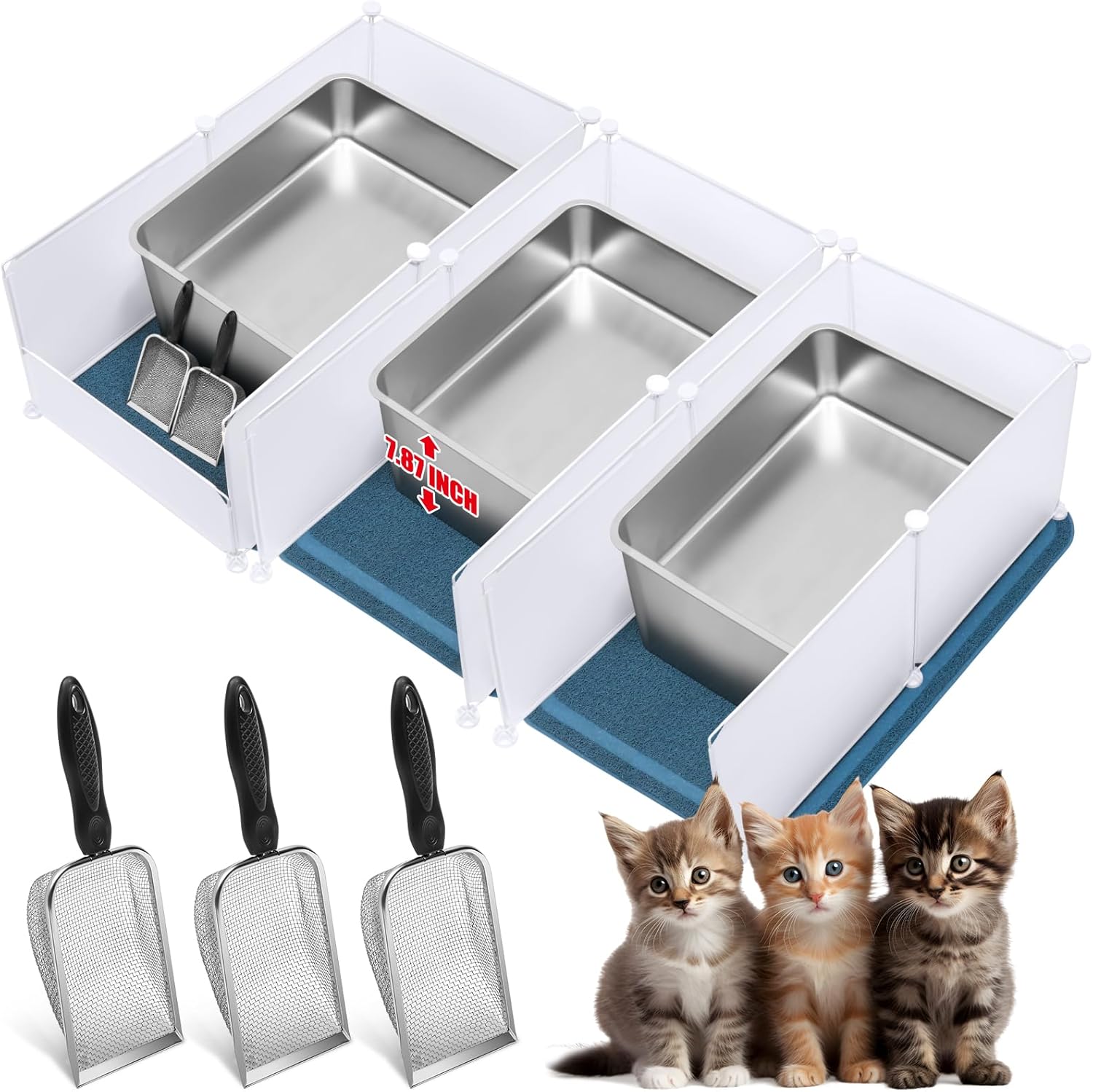 Tioncy 3 Sets Extra Large Stainless Steel Cat Litter Box 23.6 x 15.7 x 8 Inch Include Metal Trash Pan Mats Splash Guard High Sided Odor Control Litter Tray for Kitty Pets