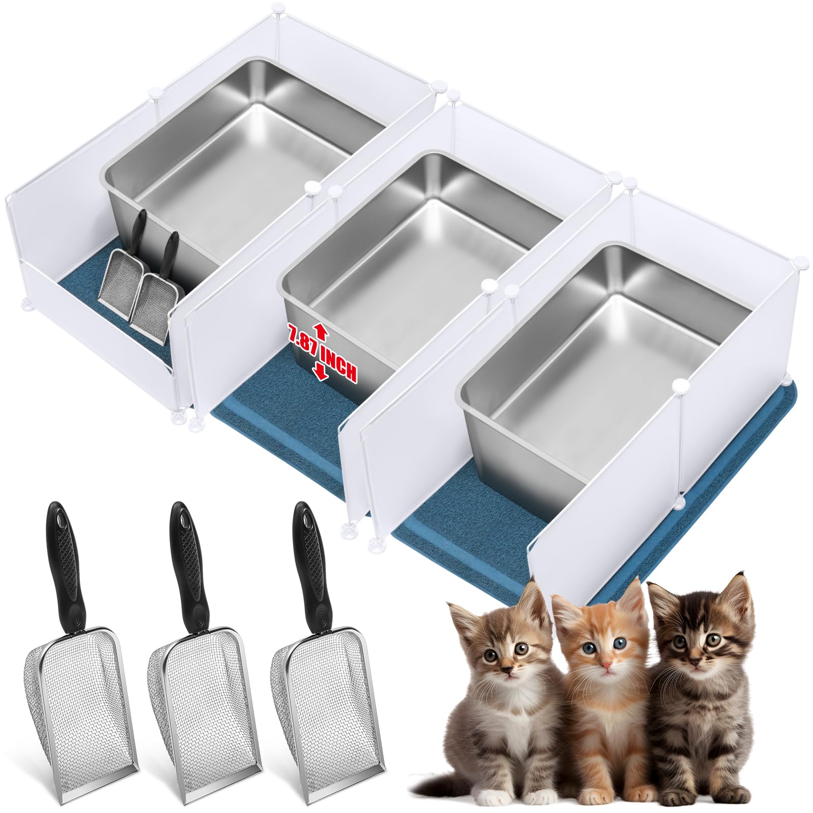 Tioncy 3 Sets Extra Large Stainless Steel Cat Litter Box 23.6 x 15.7 x 8 Inch Include Metal Trash Pan Mats Splash Guard High Sided Odor Control Litter Tray for Kitty Pets