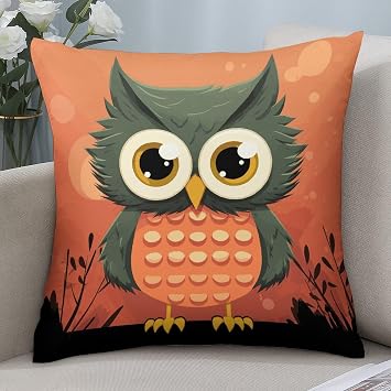2 Packs Decorative Throw Pillow Covers 12"x12" Square Pillowcase Covers Cartoon Owl on Orange Background Modern Farmhouse Soft Cushion Cover for Couch Bed Living Room Home Decor Pillow Case