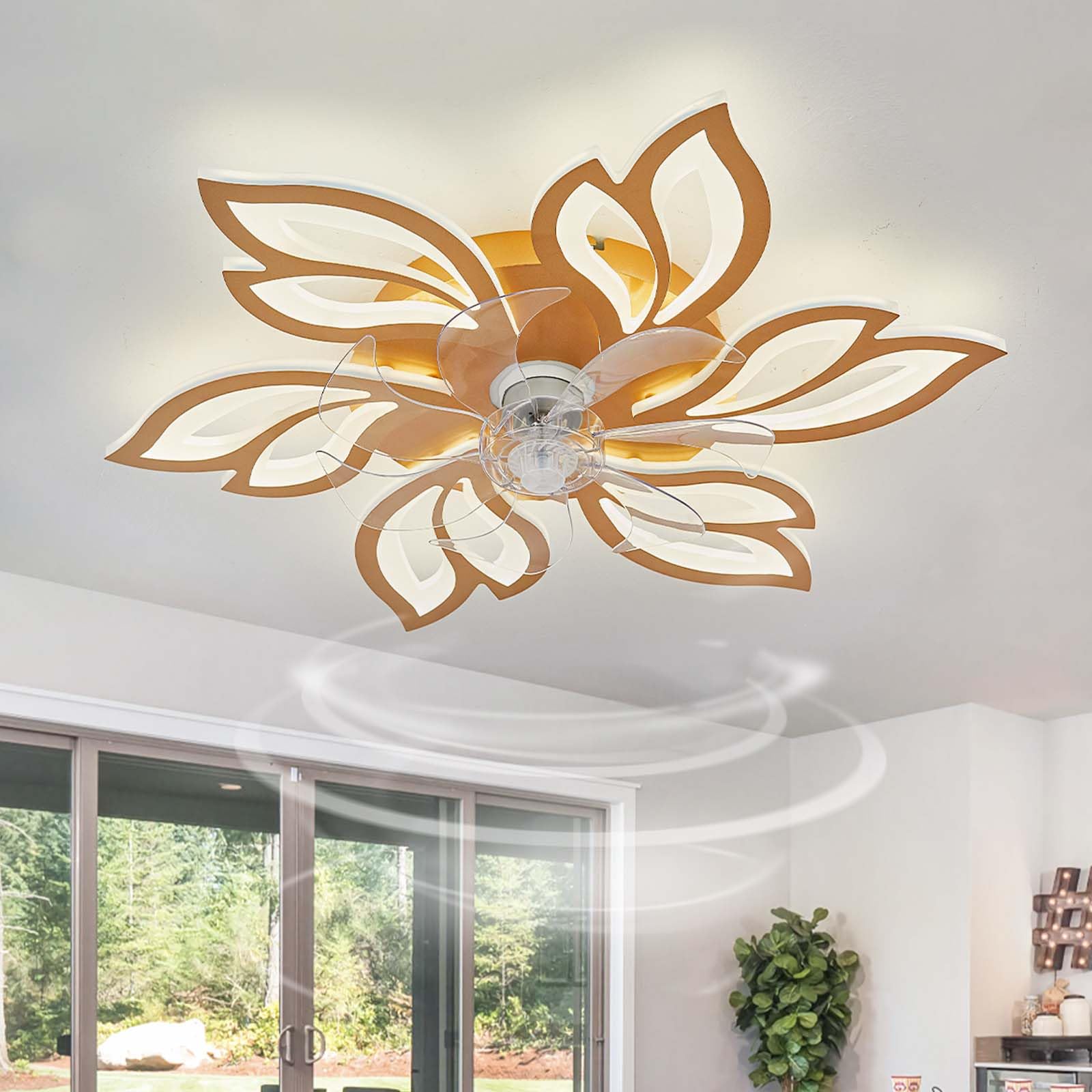 Caufloce Ceiling Fans with Lights Dimmable, Smart LED Flower Reversible Fan Light Ceiling Remote Control Silent Modern DC Light with Fan Indoor Lounge 7 Blades for Living Room, Bedroom-Gold
