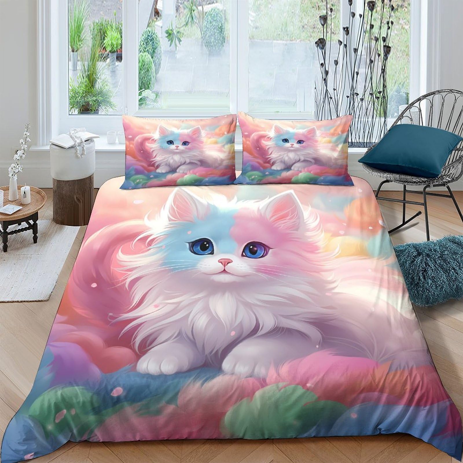 Ctjqhvkz Style-8 3D Printed Pastel Cat Fitted Sheet Microfiber Soft Non-Slip Rainbow Cloud Mattress Cover For Bedroom Dorm Easy Care Decor Single（135X200cm）