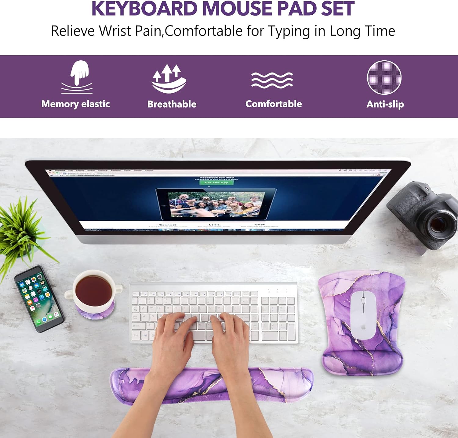 AIMSA Ergonomic Keyboard Wrist Rest and Mouse Pad with Wrist Support Set, Memory Foam Non-Slip Rubber Base, for Home, Office, Easy Typing, Pain Relief, Purple Marble image 2