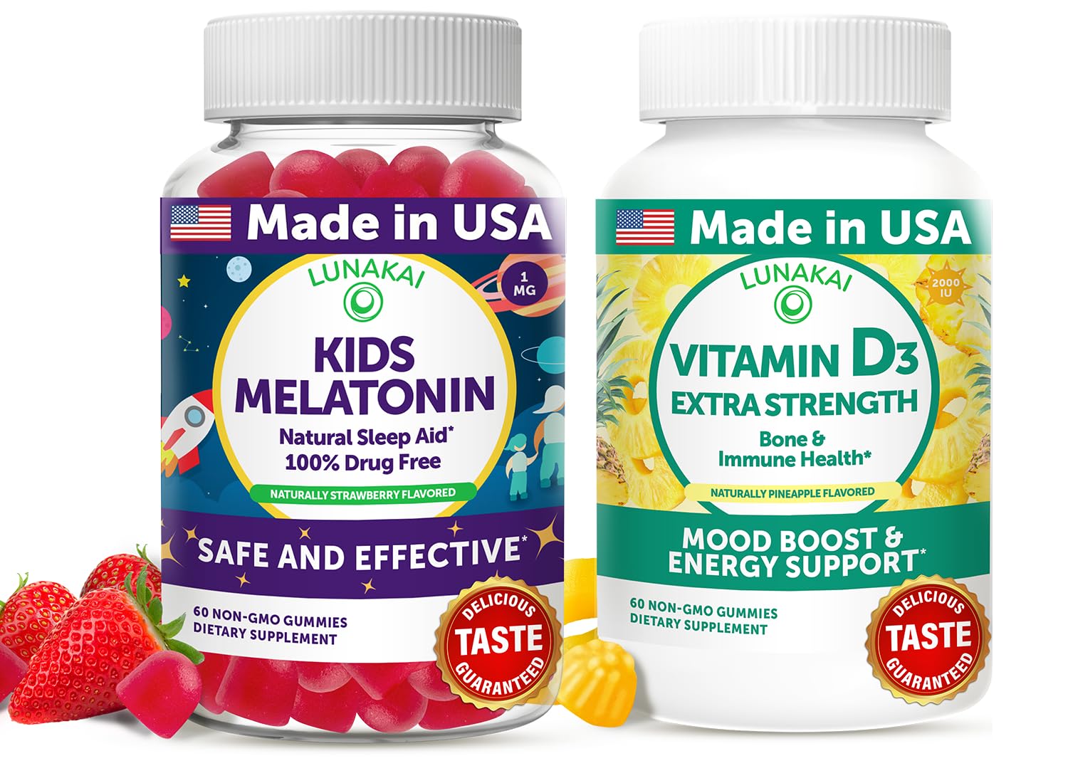 Lunakai USA Made Kids Melatonin & Vitamin D3 Gummies Bundle – Natural Sleep Aid & Bone, Immune Support – 60 Non-GMO Gummies Each