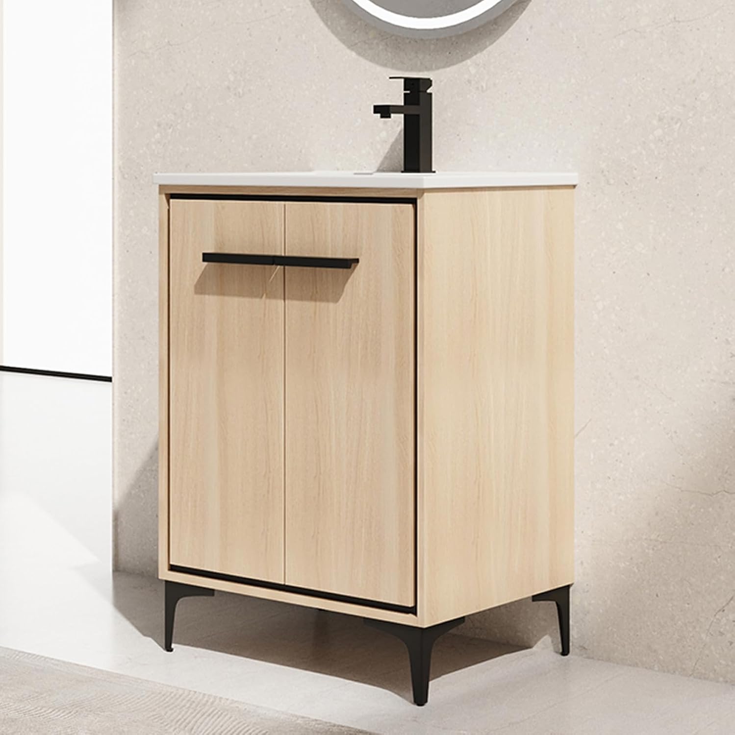 Modern 24" Bathroom Vanity with Sink, Freestanding Bathroom Cabinet with Undermount Ceramic Sink, Single Small Bathroom Vanities, Bathroom Storage Vanity Set w/ 2 Doors and Shelf, Soft-Close, Oak