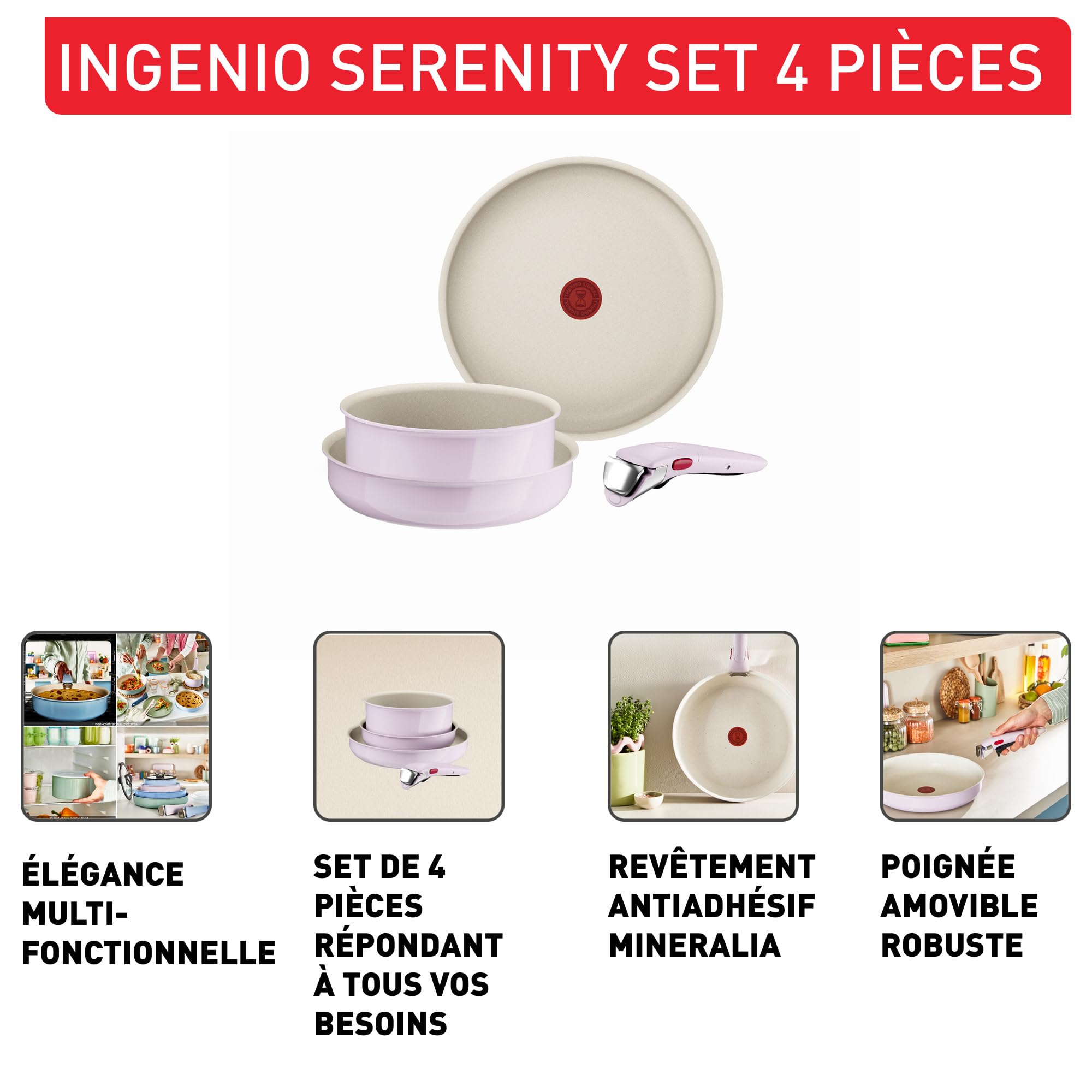 Tefal Ingenio Serenity, Batterie de cuisine 4pièces, Revêtement antiadhésif, Poignée amovible sécurisée, Design empilable, L830S404 Pink