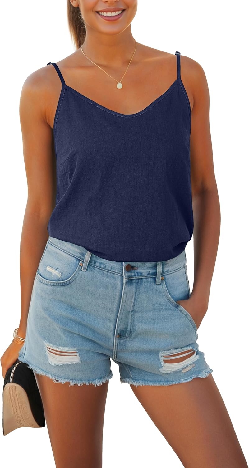 Womens Tank Tops Summer Casual Sleeveless V Neck Camisole Loose Fit Spaghetti Strap Cami Shirts - Image 3