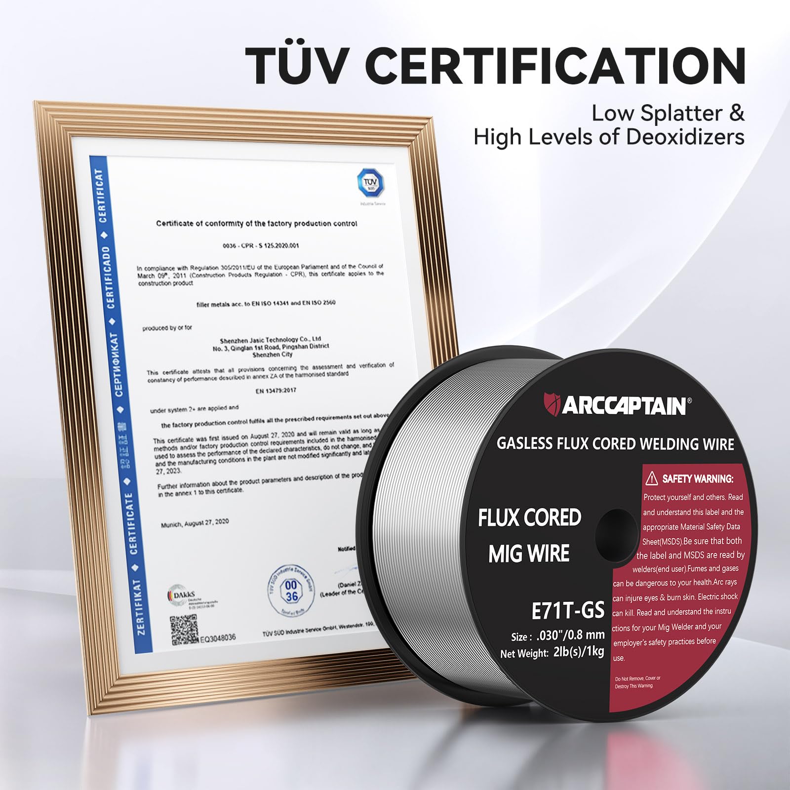 ARCCAPTAIN Filo di riempimento 0,8 mm 2KG E71T-GS MIG filo per saldatura per saldatrice senza gas MIG/MAG FLUX filo per saldatura con certificazione TÜV, bobina D100 con mandrino da 20 mm, confezione