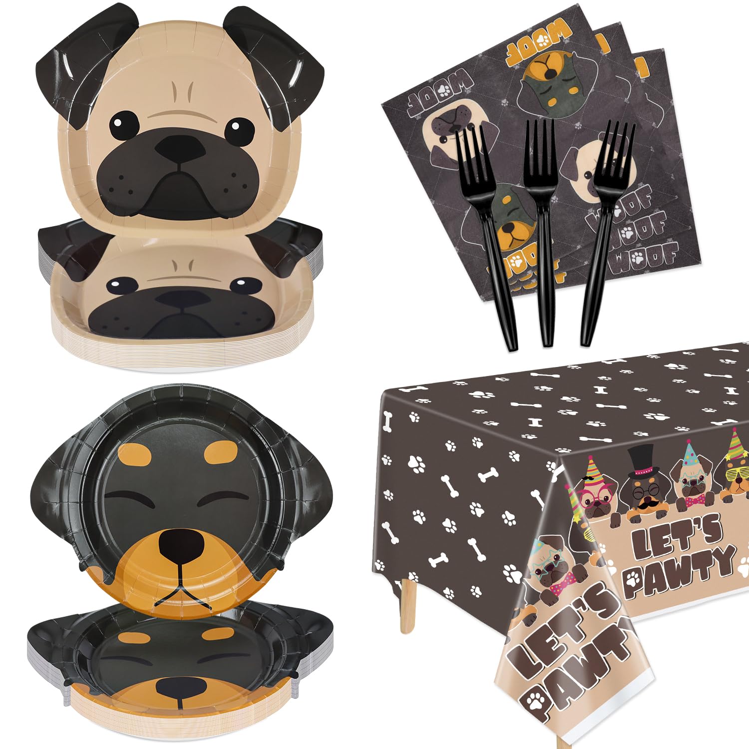 Dog Party Decorations, Dog Shape Plates, 81Pcs Doggy Party Supplies for Dog Kid Birthday, Includes Dog Plates, Let's Pawty Tablecloth, Napkins, Forks,