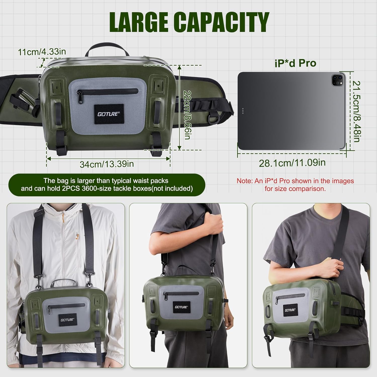 Goture Waterproof Fishing Waist Pack, IPX8 840D TPU Large Tackle Bag with Rod Holder, Airtight Zipper Closure, Fly Fishing Bag with Adjustable Waist Strap for Stream,Kayaking,Boating,Sling Fanny Pack