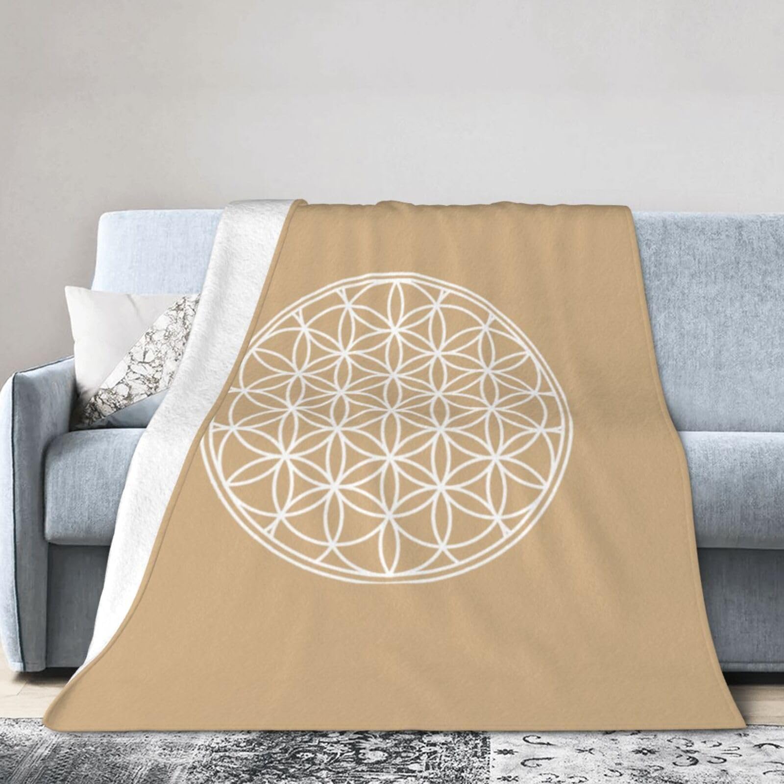 Flower of Life Sacred Geometry Throw Blanket - Soft Plush Fleece Blanket for Couch, Bed, Sofa - Home Decor Cozy Blankets Gifts for Women Men, Sand, 50x60 Inches