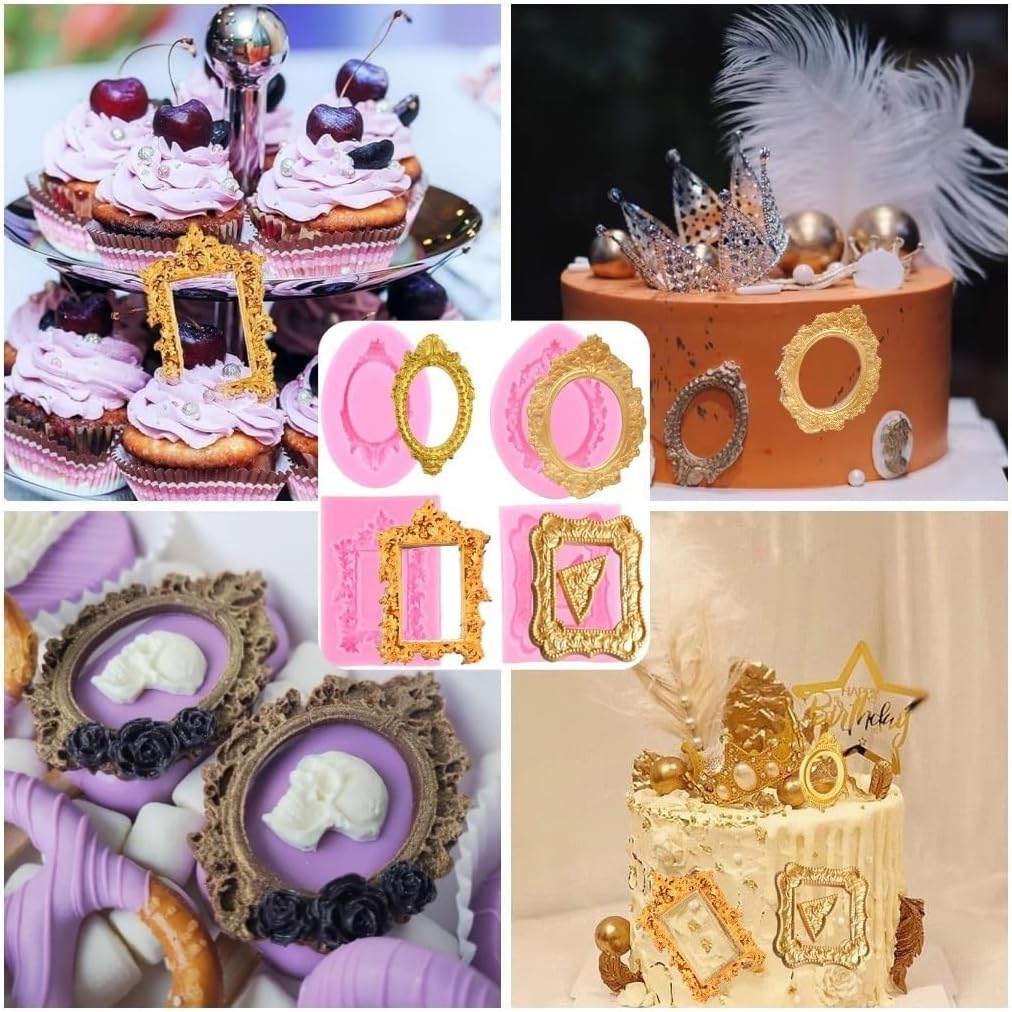 4PCS Baroque Frame Mold,Picture Photo Frames and Mirrors Silicone Fondant Mold for Cake Decorating Cupcake Topper Chocolate Candy Sugarcraft Dessert Decor