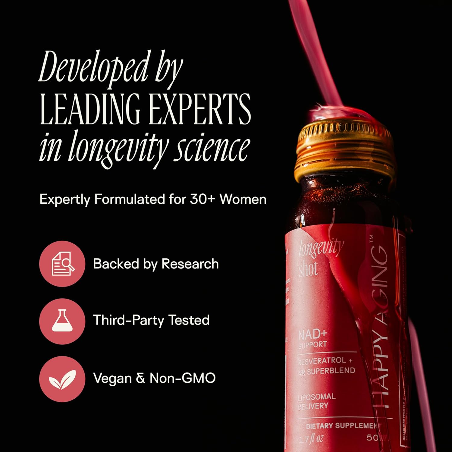 Happy Aging Liquid NAD+ Supplement for Women | Liposomal Nicotinamide Riboside & Resveratrol Shots for Energy, Skin Health & Brain Fog | NMN Alternative with Antioxidants | 10 Shots, 30-Day Supply - Image 5