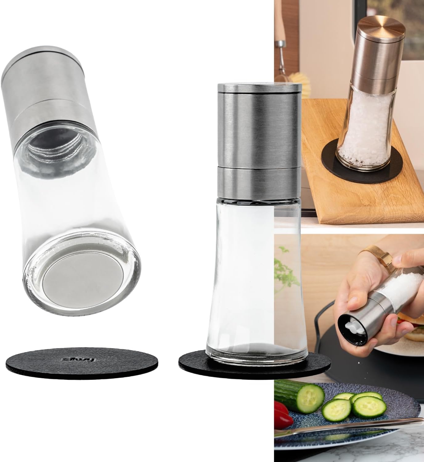 silwy® Silwy® Spice Mills with Magnets Set of 2 with Adjustable Ceramic Grinder Including 2 Metal Nano Gel Pads Salt Mill and Pepper Mill Made of Quality Stainless Steel (Without Contents)