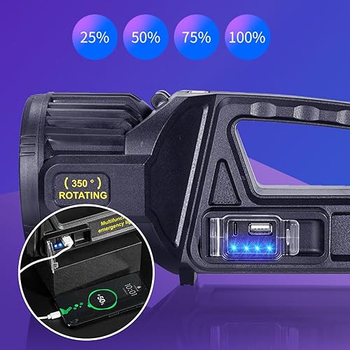 Miniatura 5 de Proyector de 1300000 lúmenes, linterna LED recargable con cabezal giratorio de 350, 9 modos de luces superbrillantes para exteriores, linterna solar