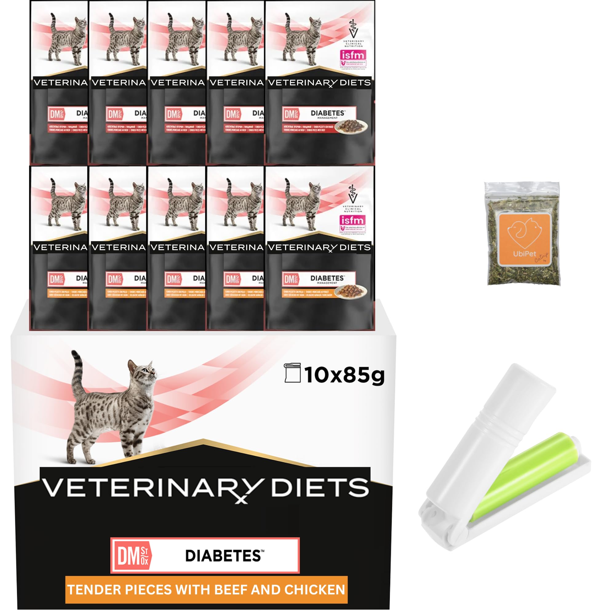 Diabetes Wet Cat Food Pouches Bundle with DM Veterinary Diets Beef and Chicken Flavour (Total 10 x 85gram) plus UbiPet Catnip and Lint Roller