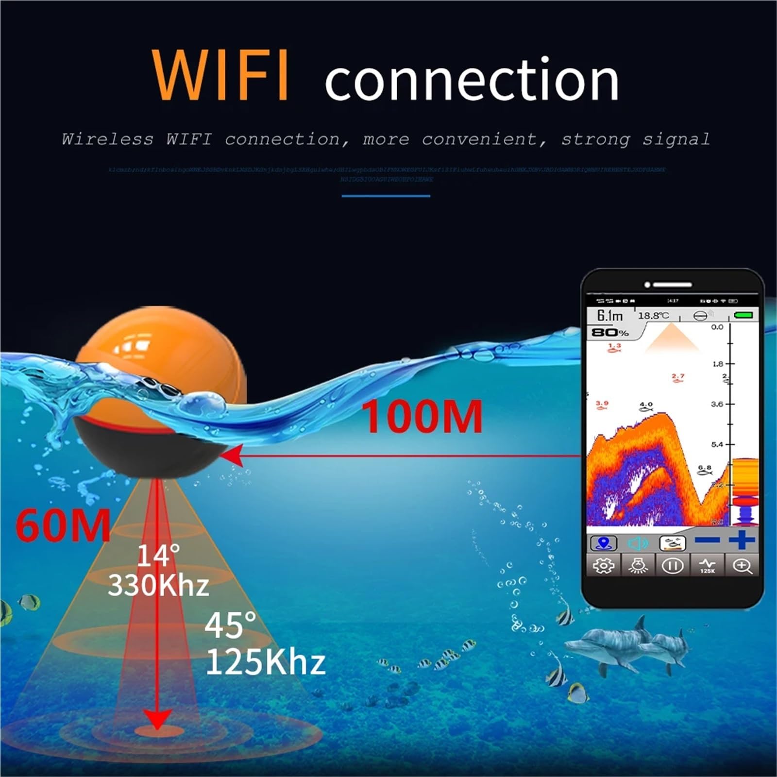 Buscador de Peces inalámbrico WiFi de 100 m, ecosonda, Detector for Pesca en Lagos y Mares.,Sensibilidad de detección