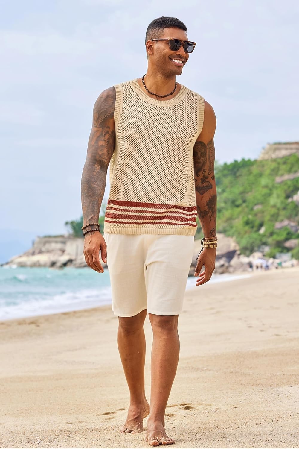 Runcati Mens Sleeveless Tank Tops Knitted Hollow Out Crochet T-Shirts Muscle Summer Beach Color Block Shirts - Image 5
