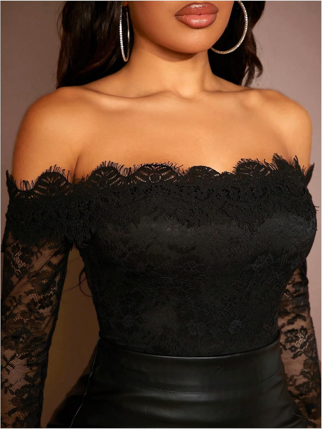 WDIRARA Women's Off Shoulder Floral Lace Bodysuit Mesh Long Sleeve Leotard Top - Image 5