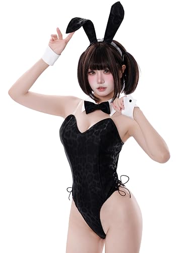 Ruocealya Leopard Bunny Costume Bodysuit 5 Piece Set Faux Leather M