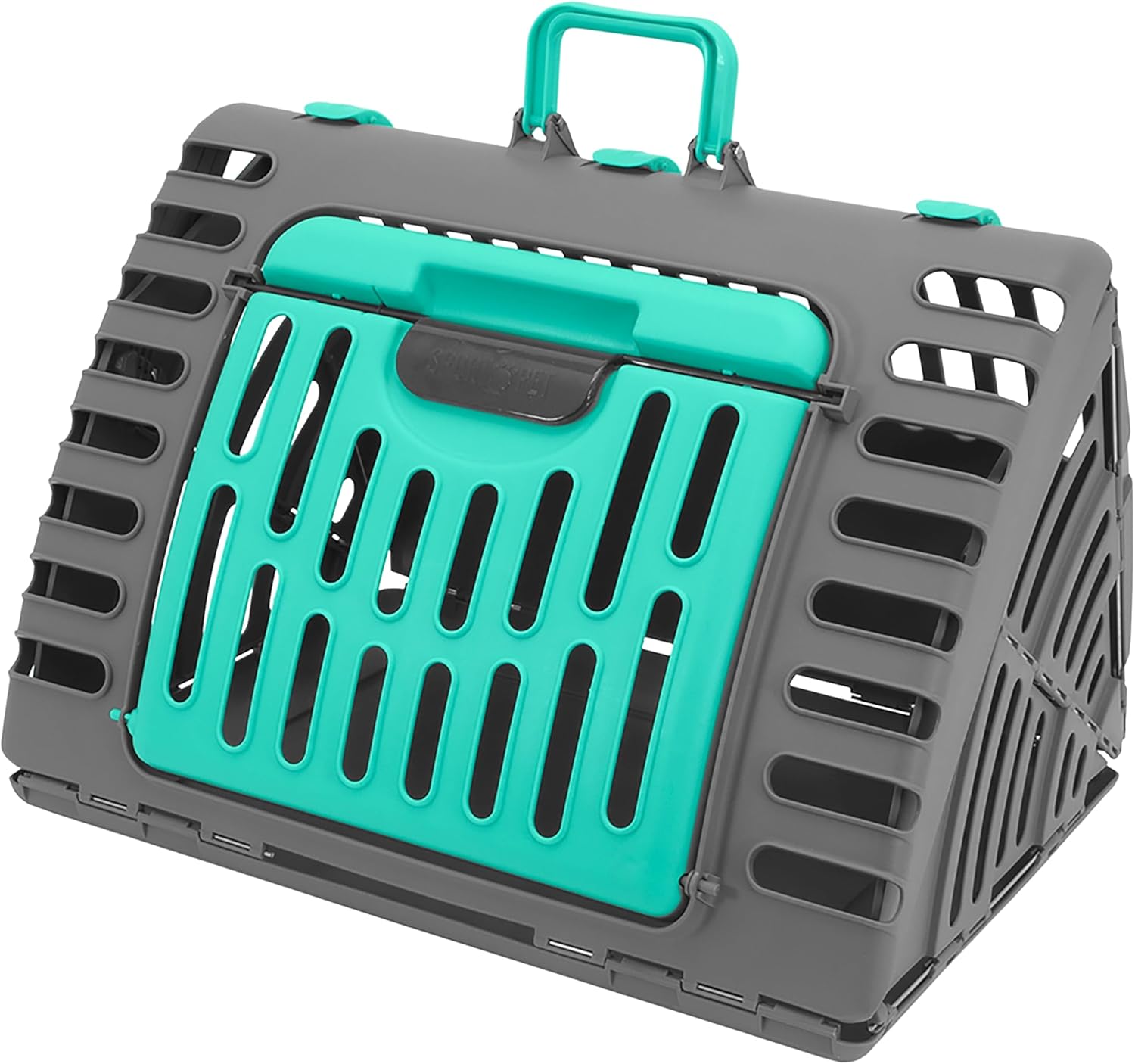 sportpet x-large hard-sided travel cat carrier - cat carrier with patented wide side-opening door, foldable portable pet carrier for cats & small pets up to 35lbs - dark gray/teal xl carrier