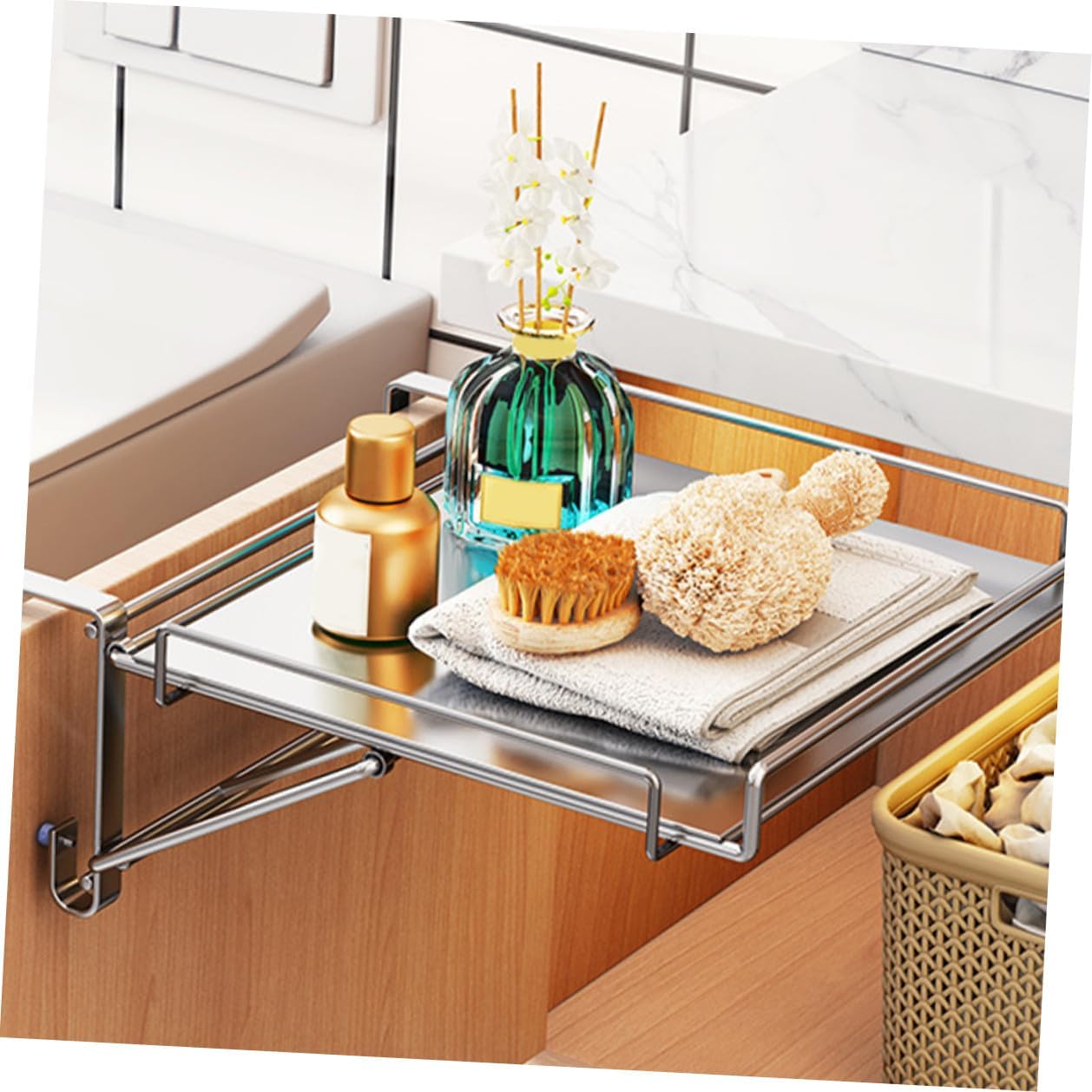 Stainless Steel Foldable Kitchen Cabinet Door Shelf Multi-function Hanging Organizer Rack Space-saving Storage for Home Bathroom Hotel with Large Capacity and Strong Load-bearing
