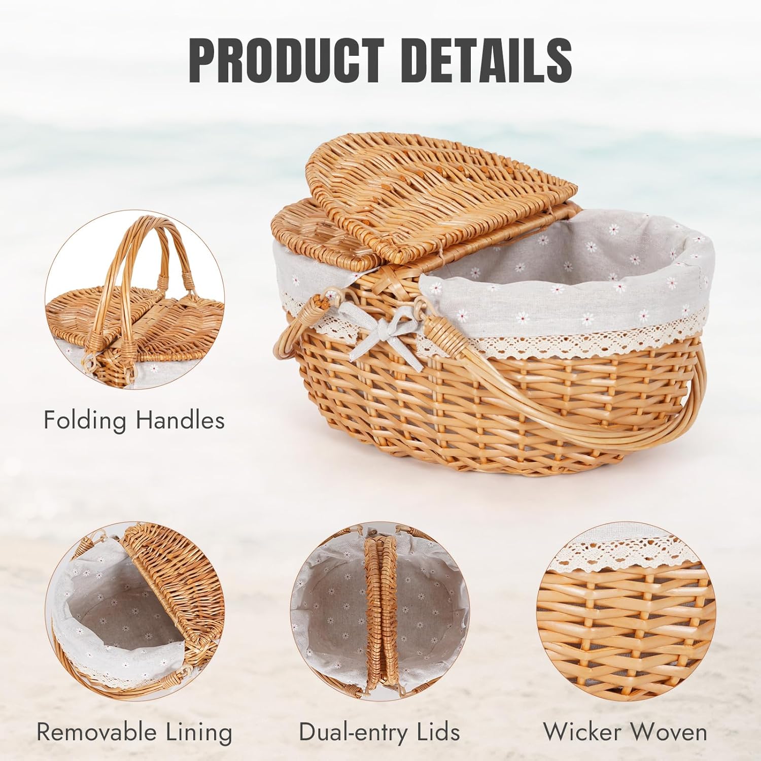 Happypicnic Wicker Picnic Basket with Handle, 15" Large Empty Picnic Basket with Lid & Removable Liner, Vintage Hand Woven Basket for Picnics, Camping, Veg Picking, Mother'S Day, Thanksgiving (Flower) - Image 5