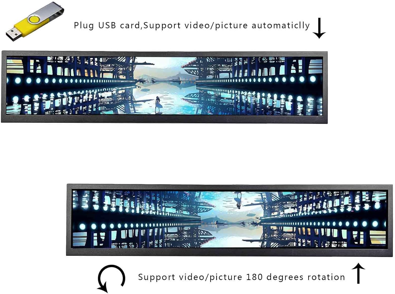 VSDISPLAY monitor demonstrating USB autoplay and 180-degree rotation of content.
