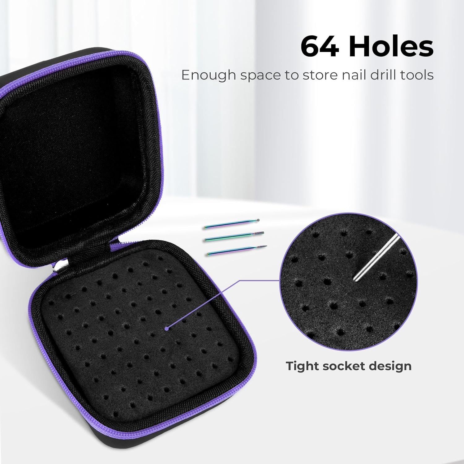 Lavinda Nail Drill Bits Holder, Dustproof Displayer Organizer Container, 64 Holes Nail Bits Container Box Case with High Density Foam to Avoid Slipping & Scratches,Purple (Drill Bits Not Included)