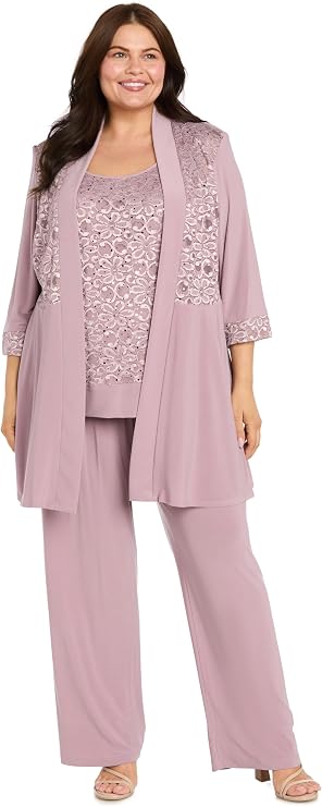 R&M Richards Women's Big Plus Size Lace Pant Set