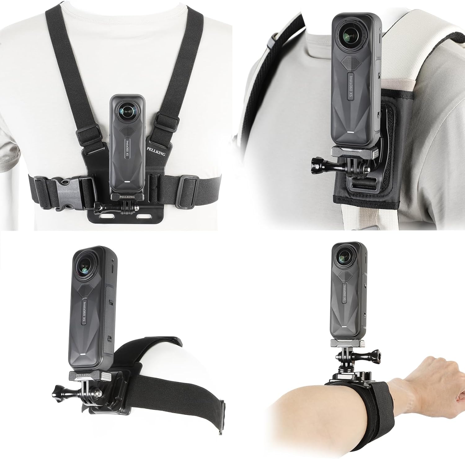 PellKing 4-in-1 Magnetic Quick Release Mount Kit for Insta360 X5/AcePro2,Including Chest Strap Head Strap Wrist and Backpack Clip, 360°Rotating Adapter J Hook Clip Mount for Insta360 One X5/AcePro2