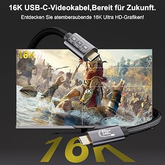 USB C 80Gbps Thunderbolt 5 Kabel 2m Unidirektionale Bandbreite bis 120GbpsUnterstützt 240W 5A LadeleistungVideo 16K@30Hz 8K@60Hz12-Bit-Farbtiefe für Thunderbolt 4USB 4SSDeGPULaptop