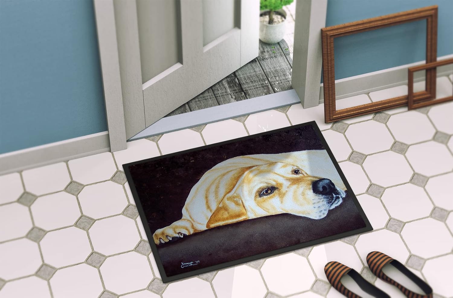 Caroline's Treasures AMB1072JMAT Naptime Yellow Labrador Doormat 24x36 Front Door Mat Indoor Outdoor Rugs for Entryway, Non Slip Washable Low Pile, 24H X 36W