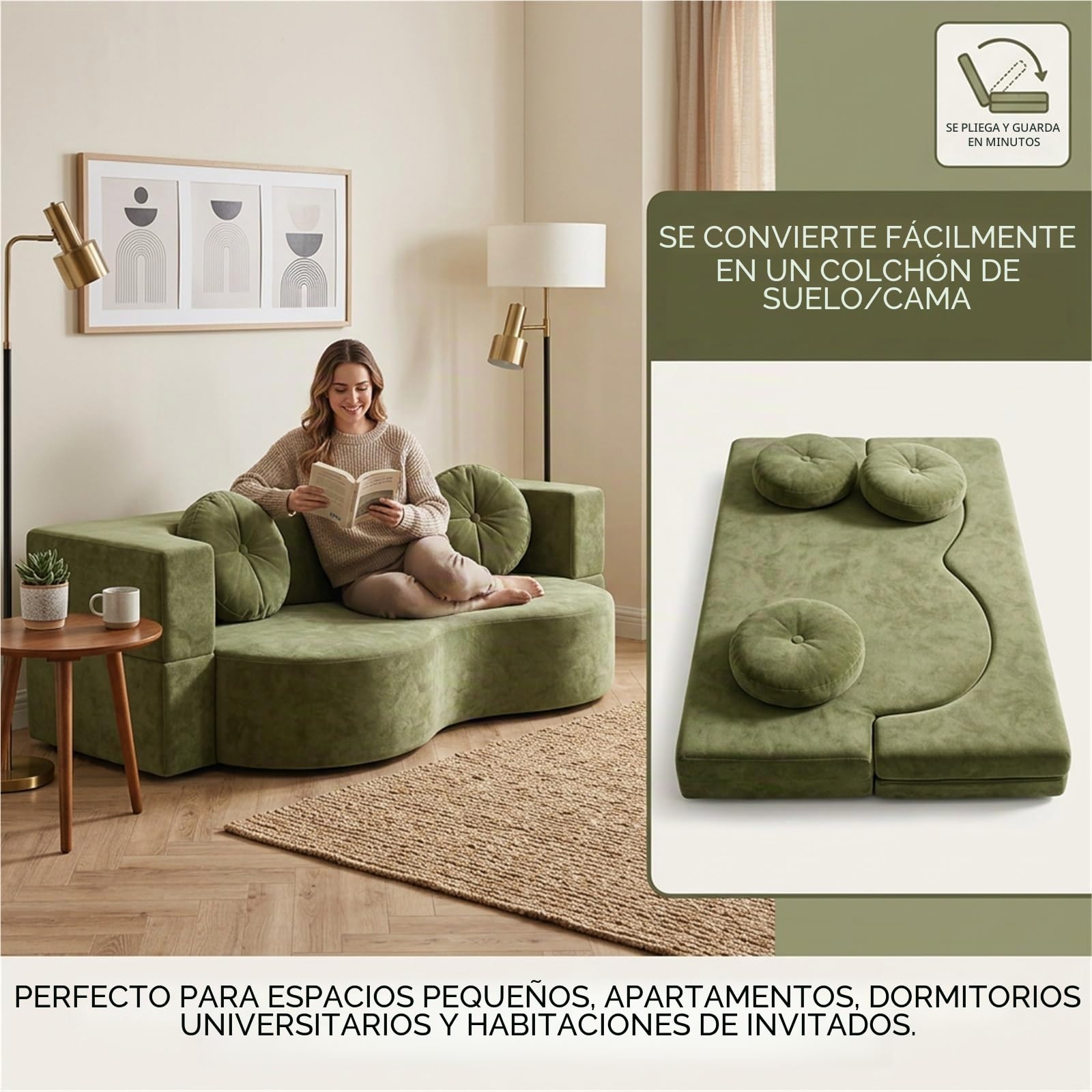 Sofá Sin Huesos, Sofá-Cama Convertible para Sala De Estar, Dos Plazas Comprimido Espuma Alta Densidad, Tela Tejida Desmontable, Ensamblaje, con 2 Almohadas(Blanco,150x100CM)