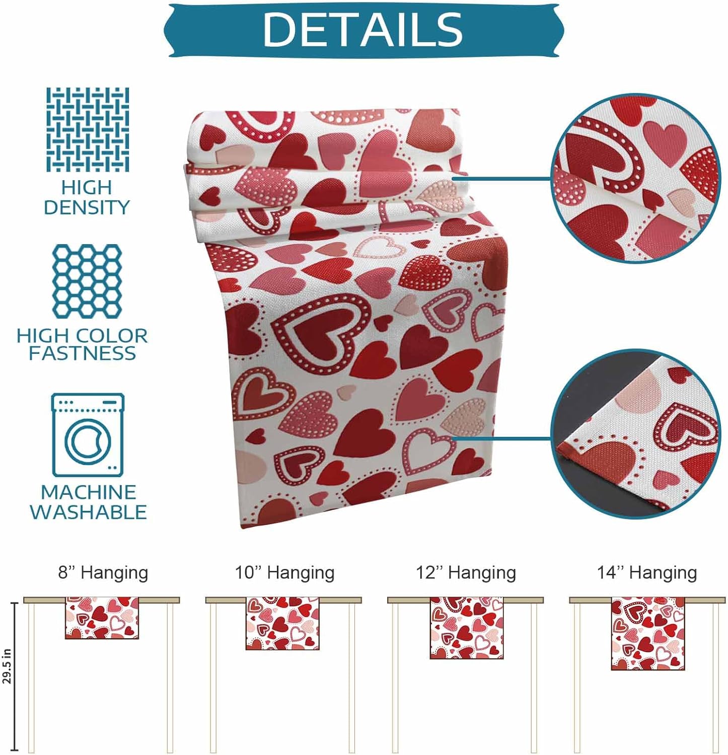 Valentine's Day Love Heart Table Runner 120 Inches Long Red Pink Heart Pattern Coffee Table Runner Romantic Red Kitchen Dining Table Decoration for Indoor Outdoor Home Party Holiday 13 x 120 Inch