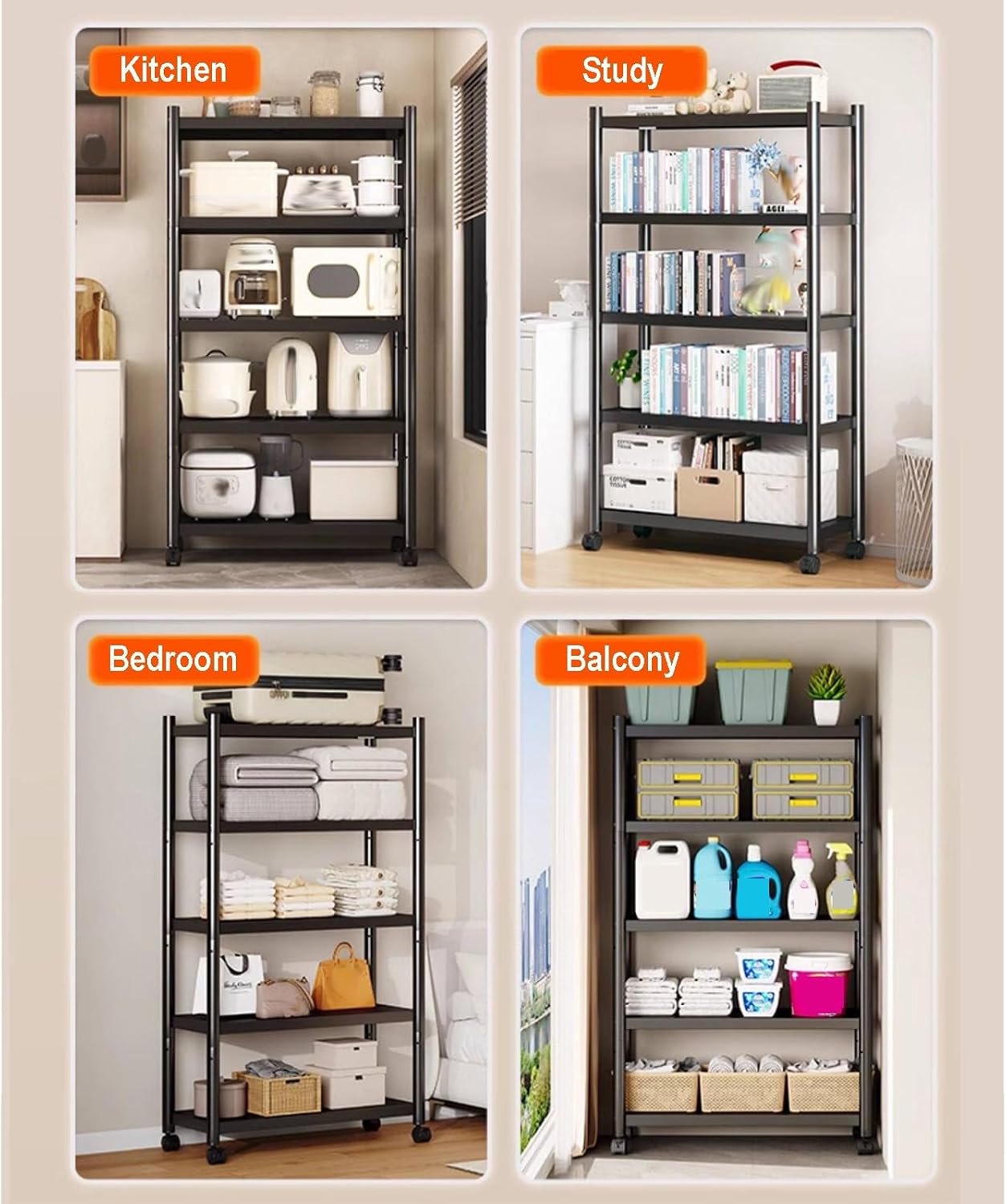 Rolling Kitchen Storage Shelves Organizer with Wheels, Heavy-Duty Metal Shelving Unit, Portable Microwave Stand Book Shelf for Garage, Pantry, Closet, Exhibition, Office Decor(L50 x W40 x H135cm)