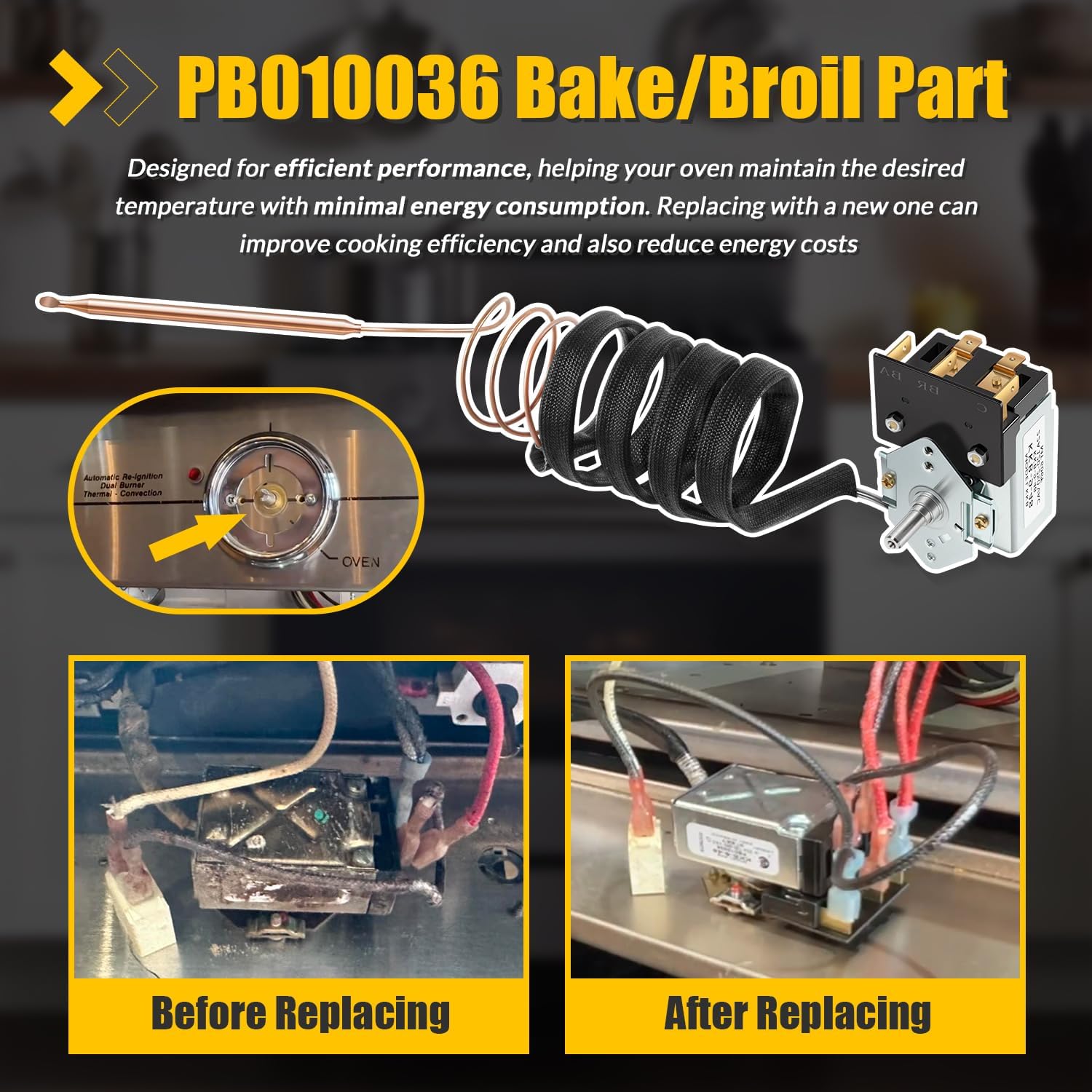 PB010036 Thermostat Bake/Broil Part KKB-9-48, for Awoco, Viking Range Stove Oven, Replace for Viking Thermostat Fryer Bake Broil Part (Max Temp 606℉, 22A 120-250 VAC)