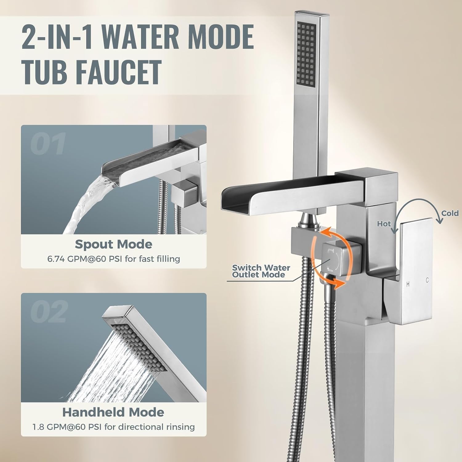 Freestanding Tub Faucet Brushed Nickel: ALEASHA High Flow Max 6.74 GPM Free Standing Tub Filler - Brass Modern Floor Mount Bathtub Faucet with Handheld Shower, for The Ultimate Elegant SPA Experience image 5