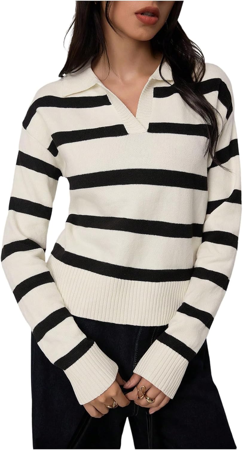 Verdusa Women's Striped Pullover Sweater Old Money Knit Tops Collared V Neck Jumpers Spring Fall Clothes - Image 4