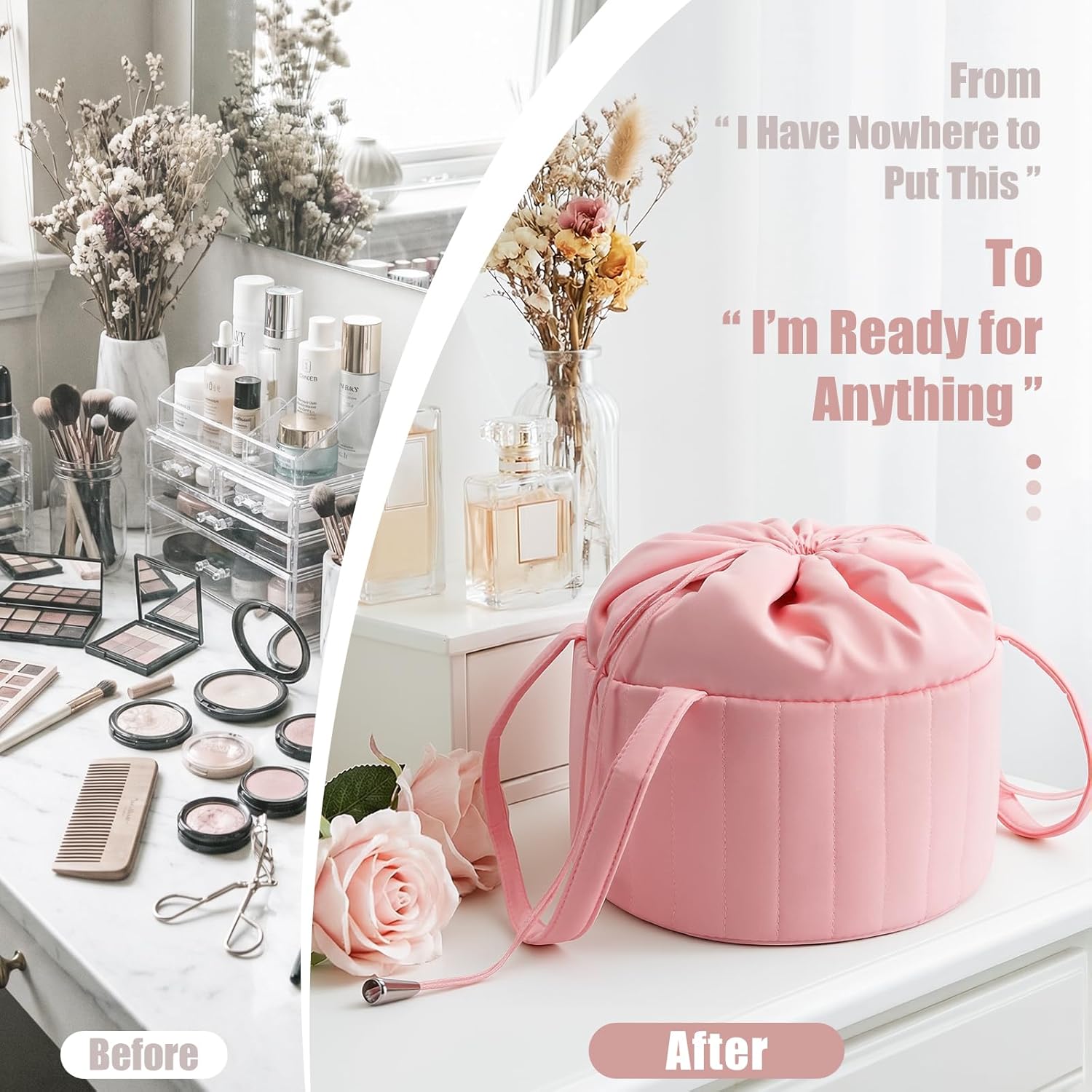 Vavabox Barrel Drawstring Makeup Bag Organizer - Large Travel Toiletry Bag with Zipper Compartments, Luxury Quilted Cosmetic Case for Women | Portable Vanity for Vacation, Work, Gift (Pink)