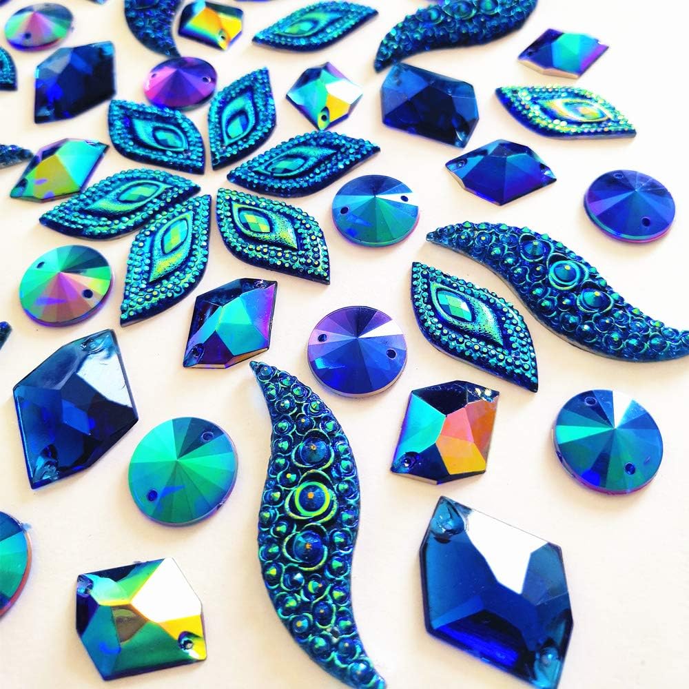 50PCS Special Effect Different Shapes Mirror AB Gems Sew On Rhinestones Faceted for Handicrafts Clothing Dress Decorations (Blue)