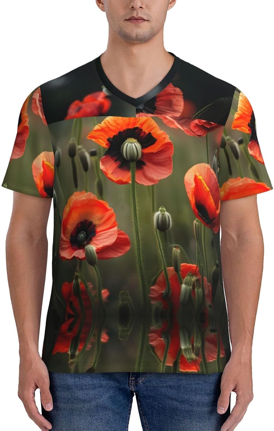 Poppy Flowers Rugby Football Jersey for Men, Comfortable V-Neck Loose Fit Top for Team Sports Athletics