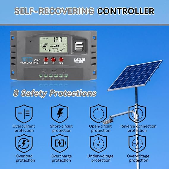 [Upgraded] 30A MPPT Solar Charger Controller 12V/24V Solar Panel Battery Intelligent Regulator with LCD Display, Dual USB Port and Timer Setting Fit for Lead-Acid Open Sealed AGM and Li Battery Grey