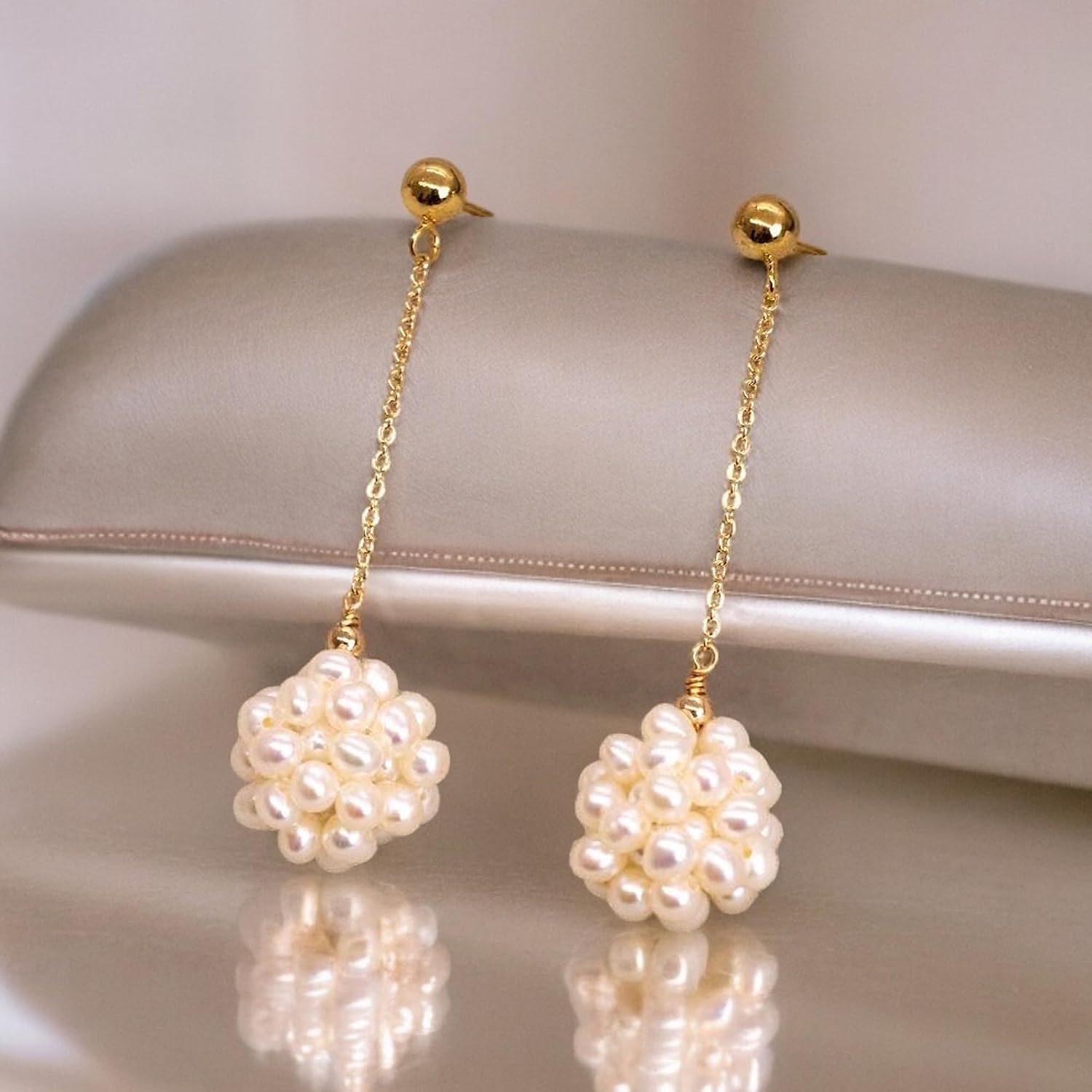 LILY LUSTRE Pearl Cluster Ball Earrings, 14K Gold Plated 925 Sterling Silver AAAA Quality Freshwater Cultured Pearl Earrings, Wedding Bridal Earrings for Women