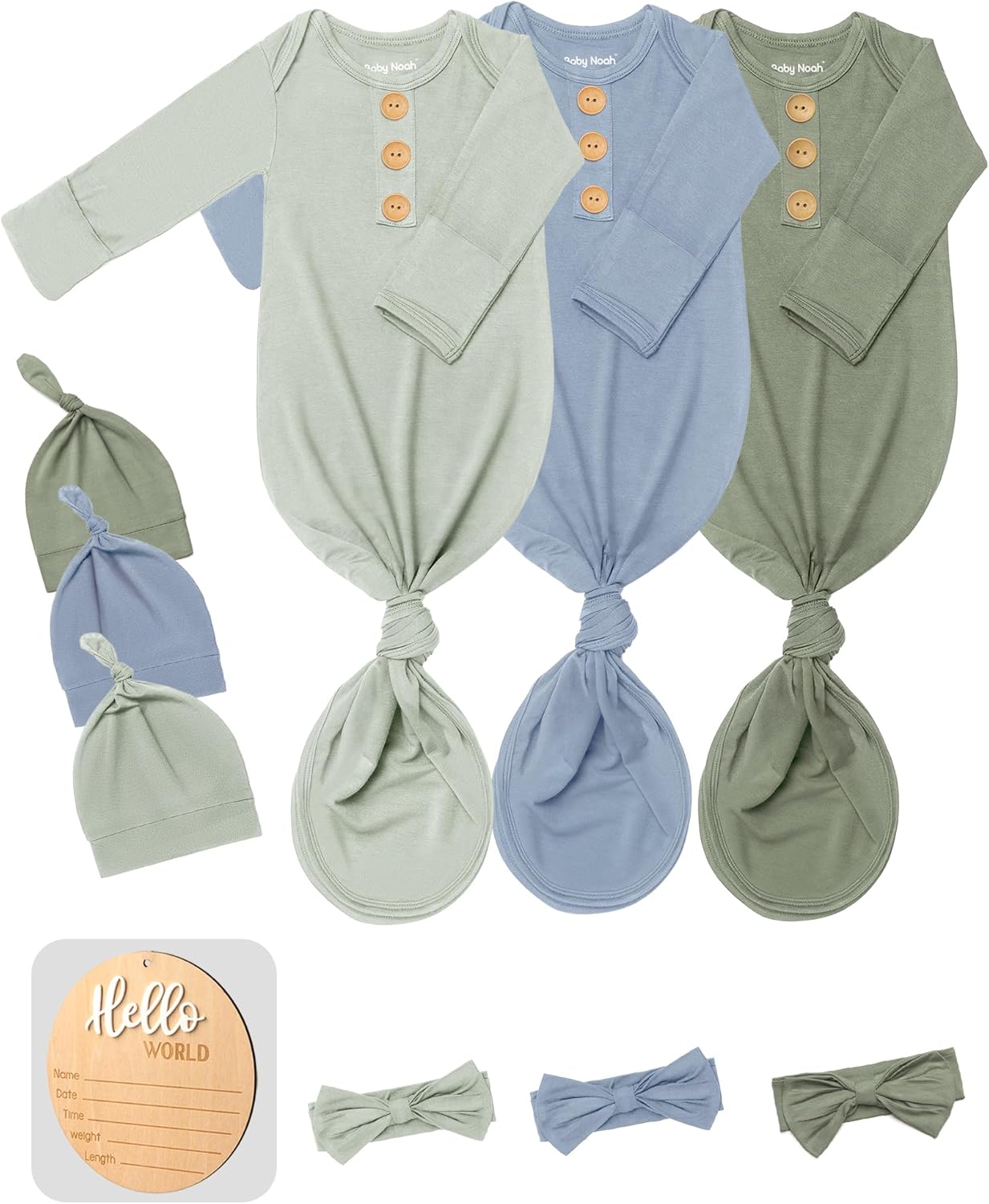 3 PK Baby Knotted Gowns Set with Mittens, Hats, Headbands & Wooden Name Tag for Breathable Newborns Going Home Outfit