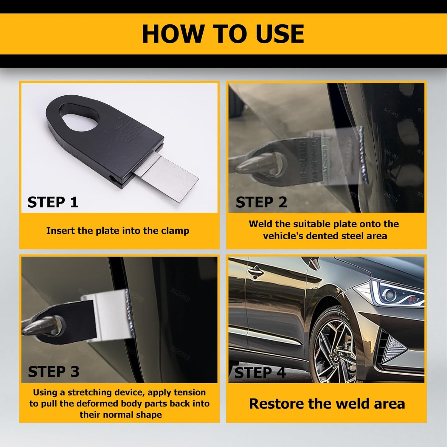 KUAFU Universal Auto Body Weld and Pull Clamp Complete Set Hook 6 Plates Kit Body Pull Plate Powder Dent Automotive Car Frame Collision Repair Tool Powder Coated Steel