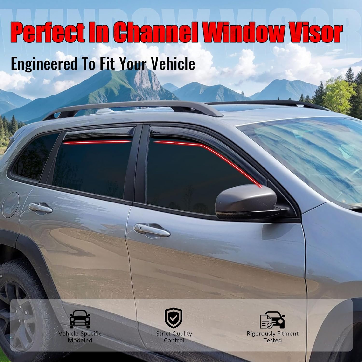 IKON MOTORSPORTS in Channel Window Visors Compatible with 2014-2023 Jeep Cherokee, Slim Style Acrylic Smoke Rain Guards, Side Window Wind Deflectors 4PCS
